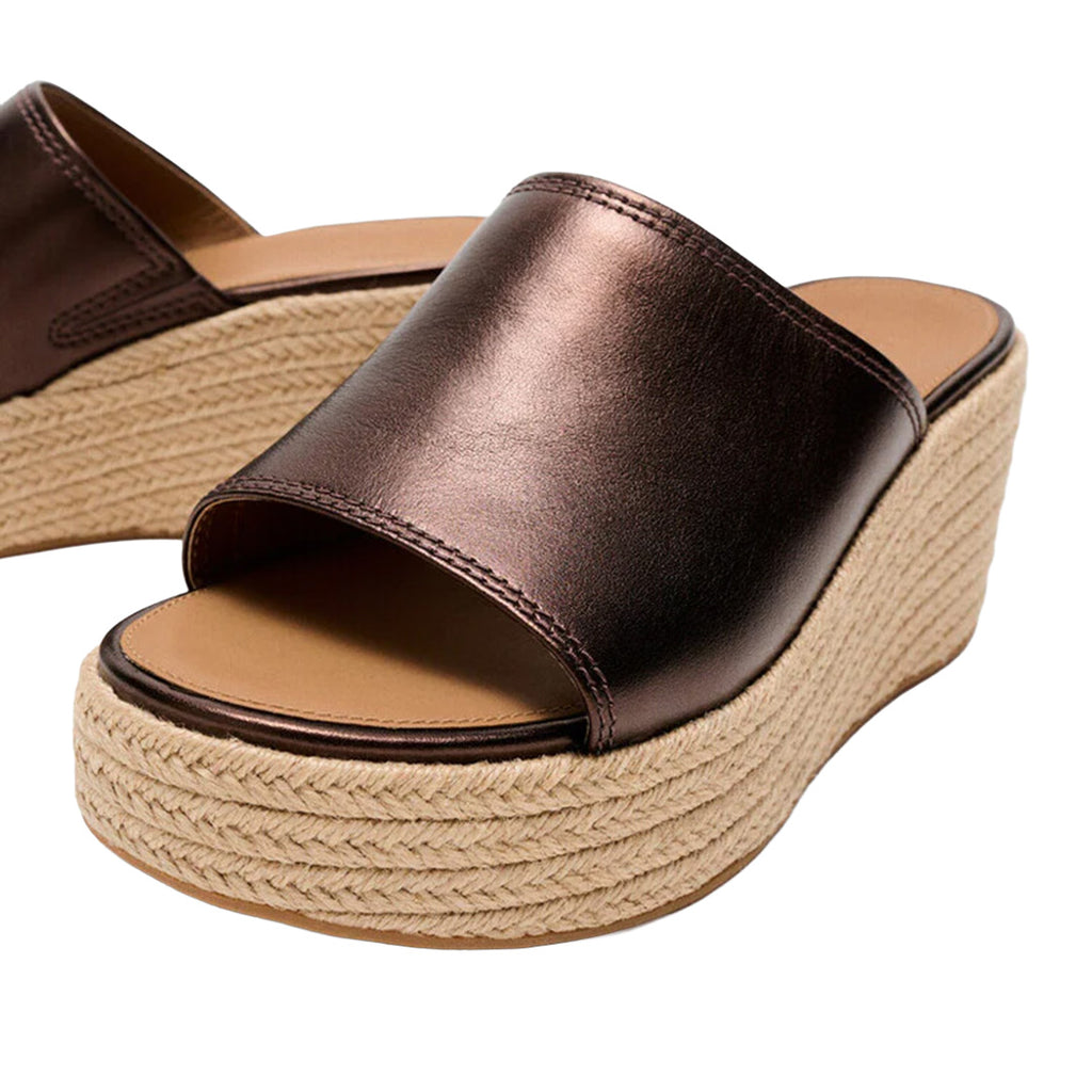 FitFlop - Platfforms Espadrille Leather Wedge Slides Metallic Chocolate Brown