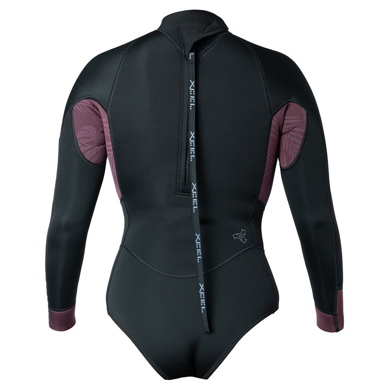 XCEL -  Axis Long Sleeve Back Zip Cheeky Cut Spring Wetsuit 2mm Womens Black/Wine W/Palm-Monstera Print