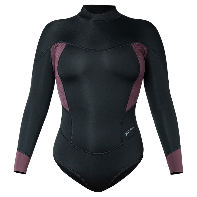 XCEL -  Axis Long Sleeve Back Zip Cheeky Cut Spring Wetsuit 2mm Womens Black/Wine W/Palm-Monstera Print
