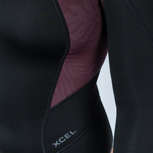 XCEL -  Axis Long Sleeve Back Zip Cheeky Cut Spring Wetsuit 2mm Womens Black/Wine W/Palm-Monstera Print