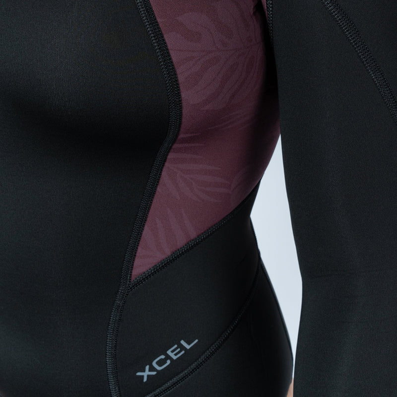 XCEL -  Axis Long Sleeve Back Zip Cheeky Cut Spring Wetsuit 2mm Womens Black/Wine W/Palm-Monstera Print