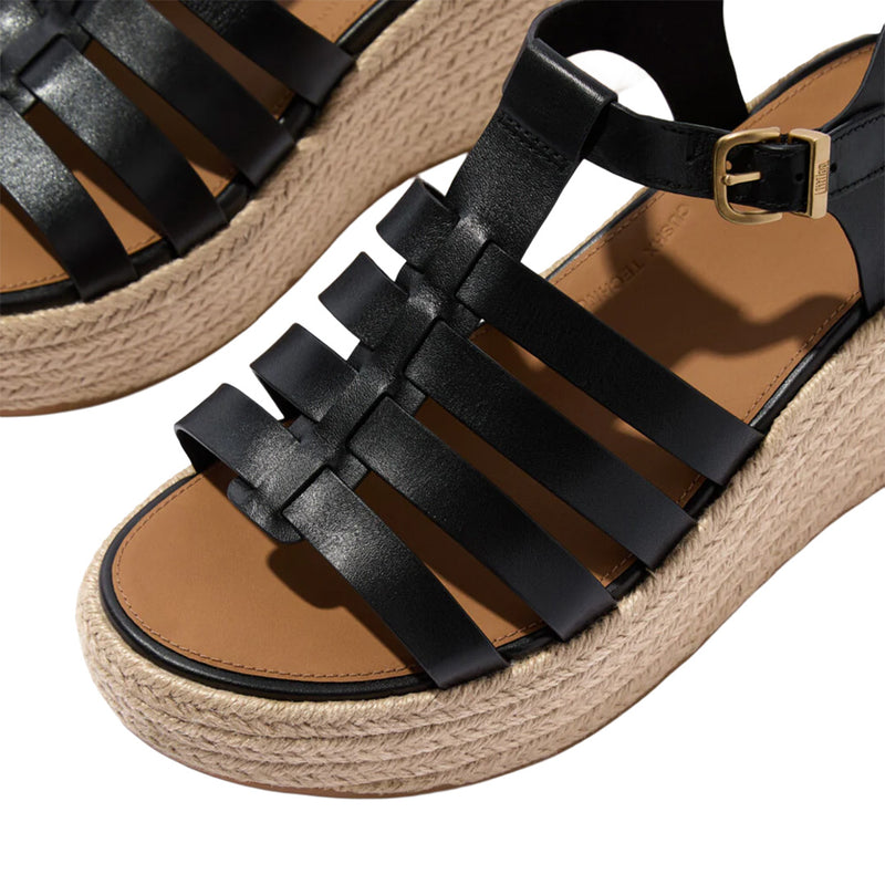 FitFlop - Espadrille Leather Platform Fisherman Wedge Sandals Black