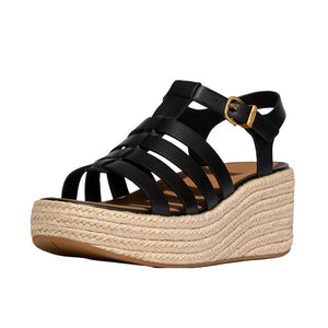 FitFlop - Espadrille Leather Platform Fisherman Wedge Sandals Black