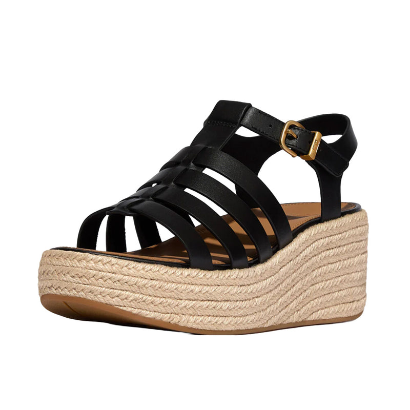 FitFlop - Espadrille Leather Platform Fisherman Wedge Sandals Black