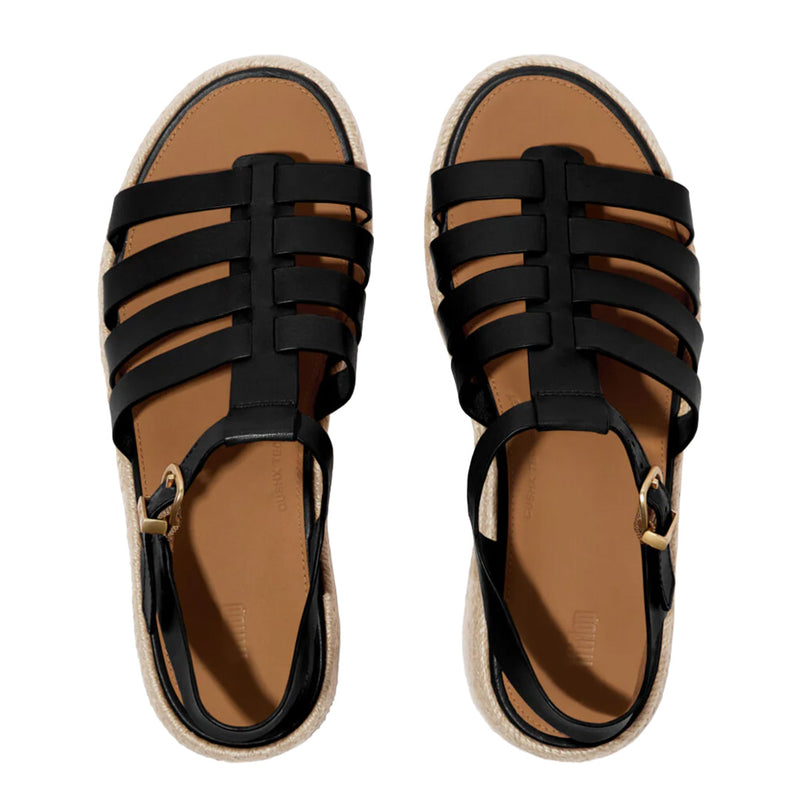 FitFlop - Espadrille Leather Platform Fisherman Wedge Sandals Black