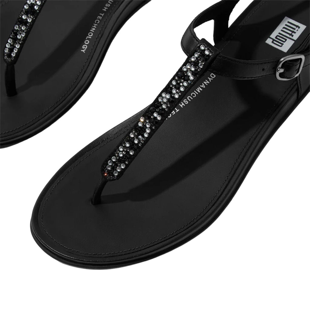 FitFlop - Gracie Crystal-Mix Leather T-Strap Sandal Womens All Black