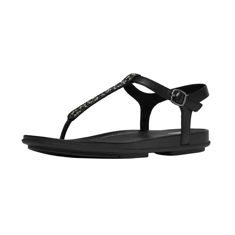 FitFlop - Gracie Crystal-Mix Leather T-Strap Sandal Womens All Black