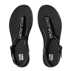 FitFlop - Gracie Crystal-Mix Leather T-Strap Sandal Womens All Black