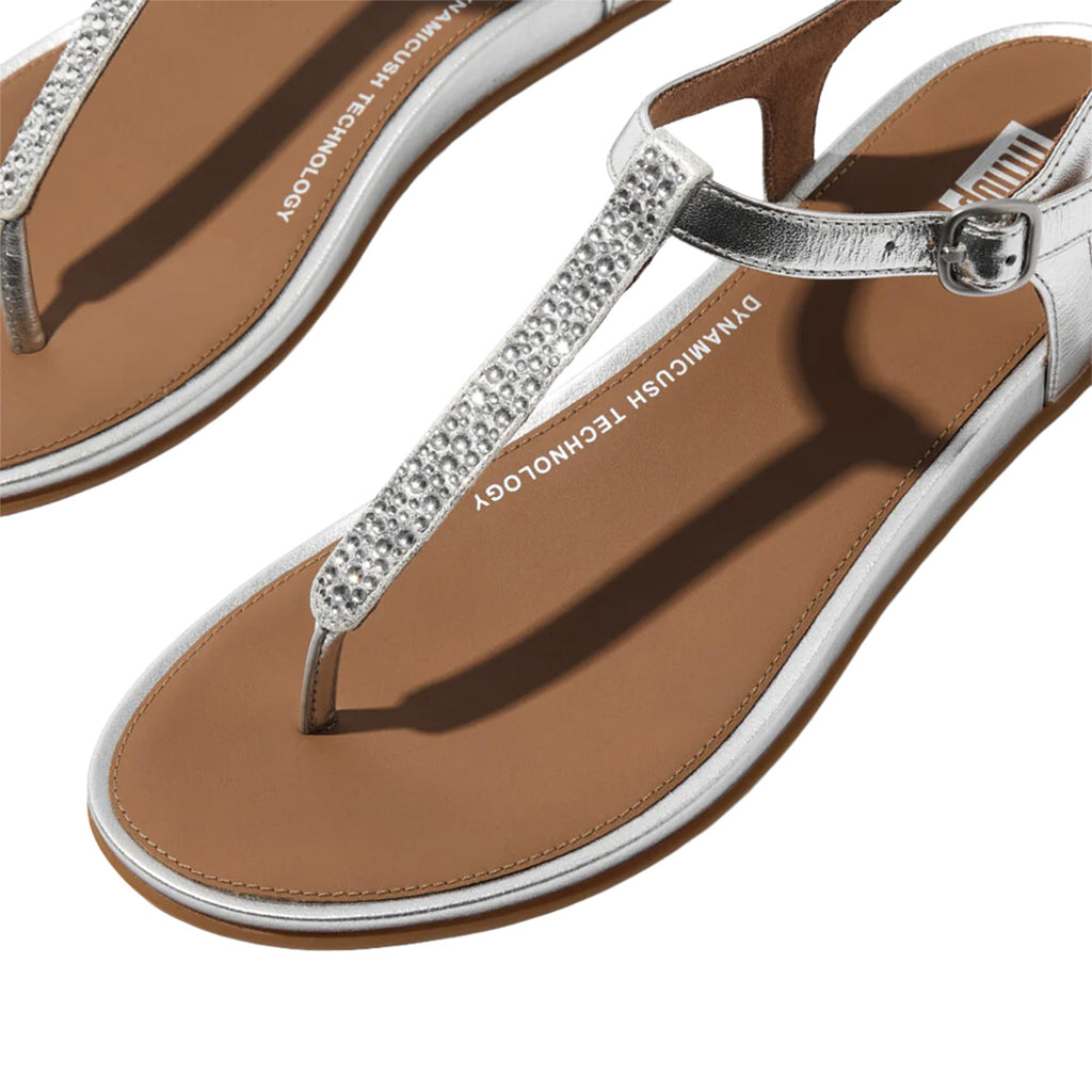 FitFlop - Gracie Crystal-Mix Leather T-Strap Sandals Womens Silver