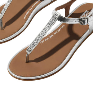FitFlop - Gracie Crystal-Mix Leather T-Strap Sandals Womens Silver