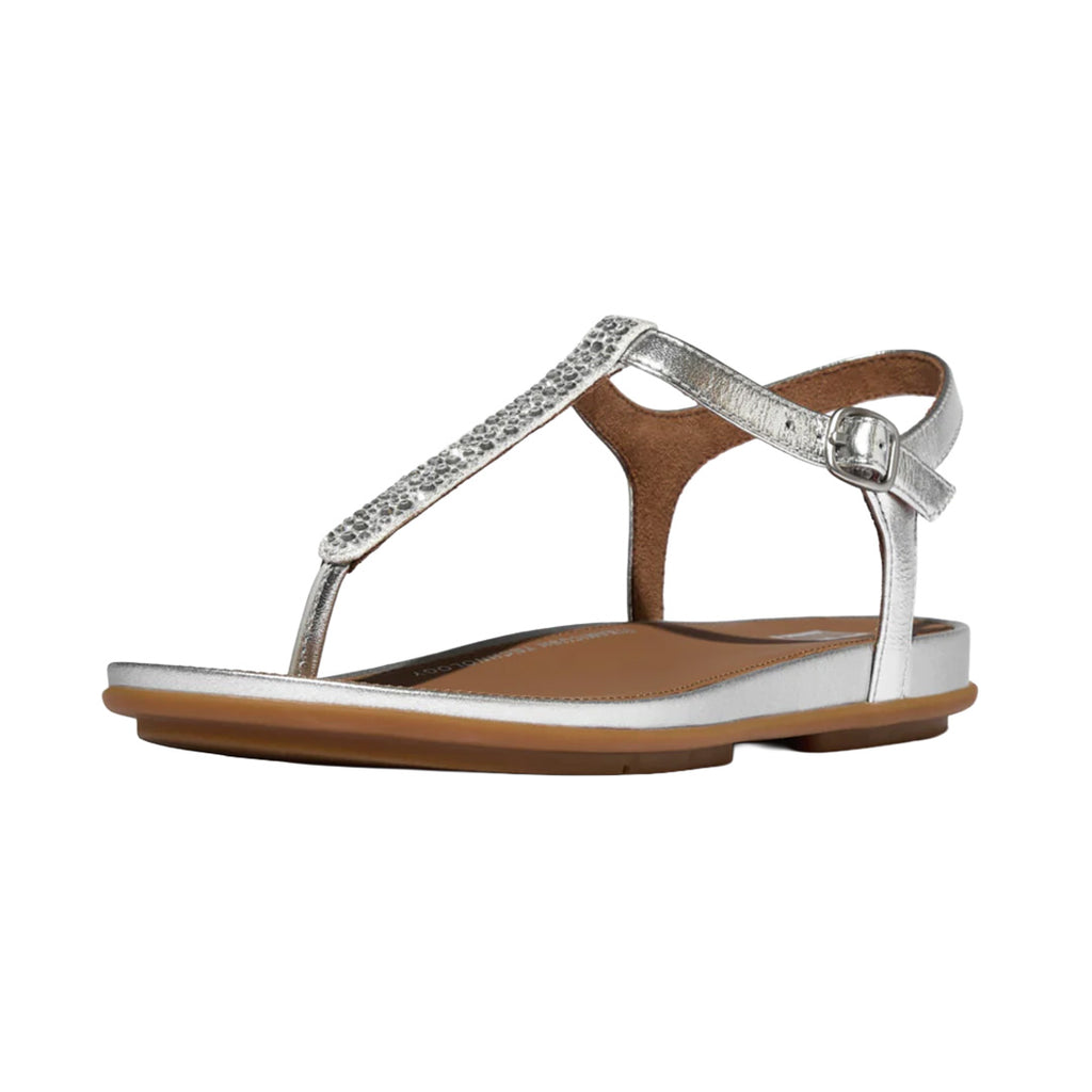 FitFlop - Gracie Crystal-Mix Leather T-Strap Sandals Womens Silver