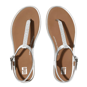 FitFlop - Gracie Crystal-Mix Leather T-Strap Sandals Womens Silver
