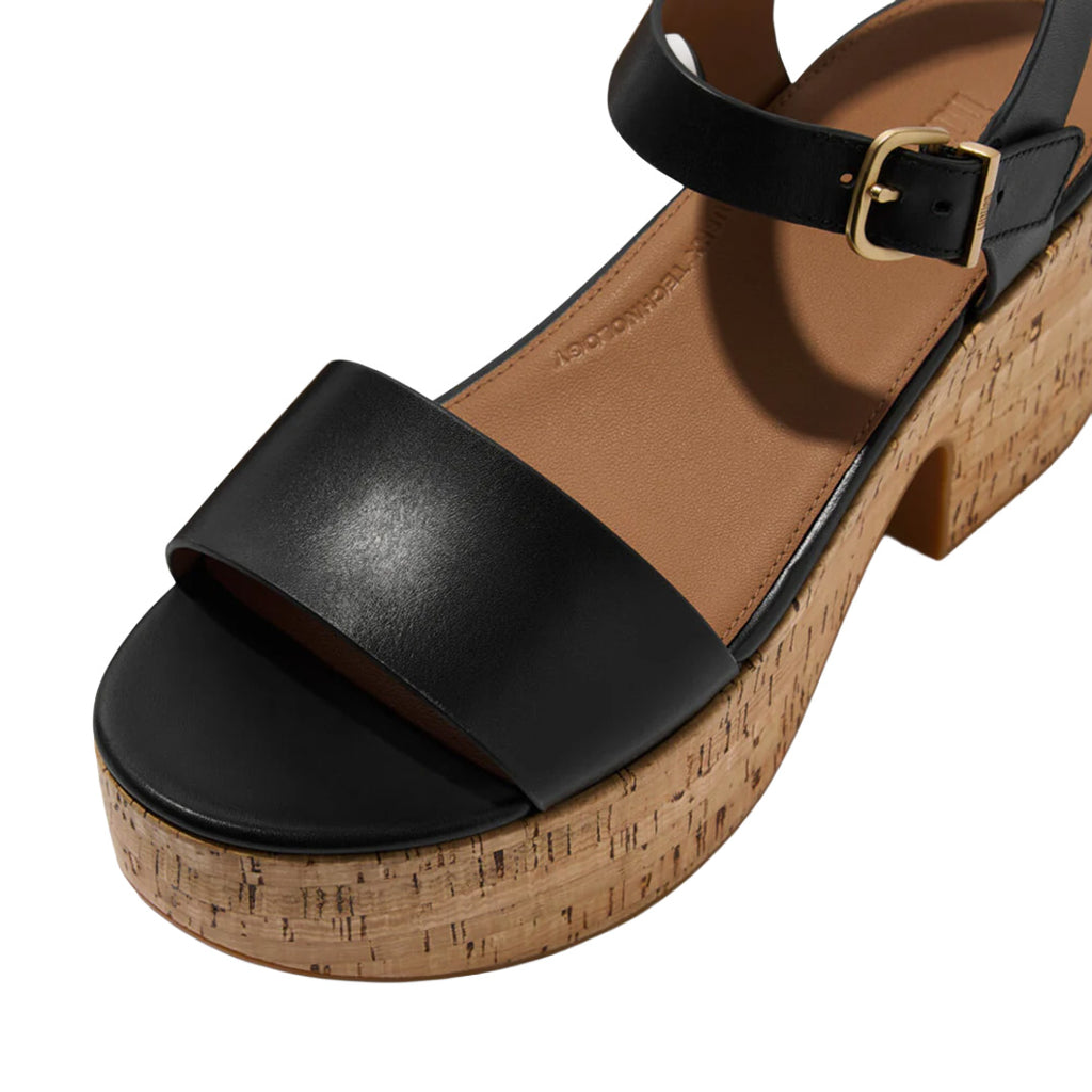 FitFlop - Platfforms Leather & Cork Heeled Ankle-Strap Sandals Womens Black