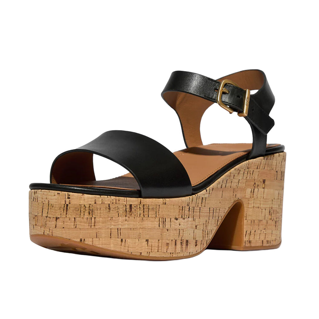 FitFlop - Platfforms Leather & Cork Heeled Ankle-Strap Sandals Womens Black