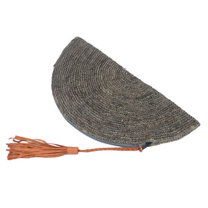 J Importers - Crochet Half Moon Raffia Clutch With Leather Tassels Grey