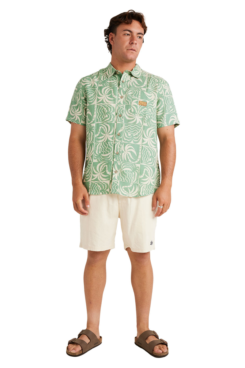 RVCA - Exotica Short Sleeve Button Up Shirt Mens Granite Green