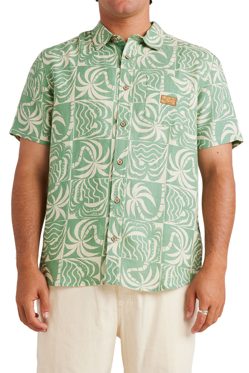 RVCA - Exotica Short Sleeve Button Up Shirt Mens Granite Green