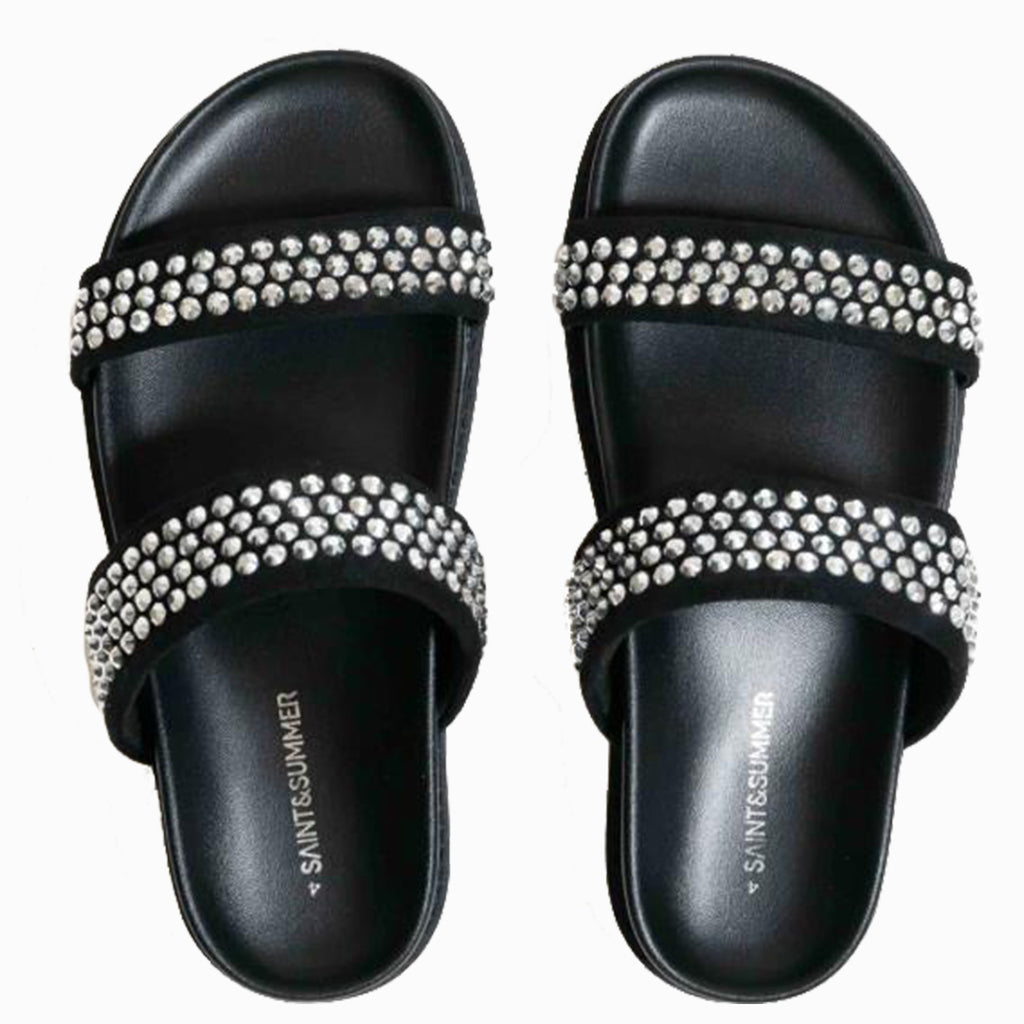 Saint & Summer - Donatella Double Strap Full Studded Short Spike Slide Black