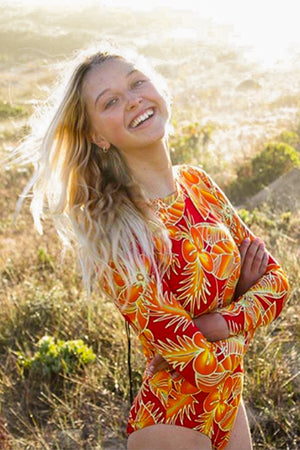 Surf Sense - Red Floral Long Sleeve One Piece